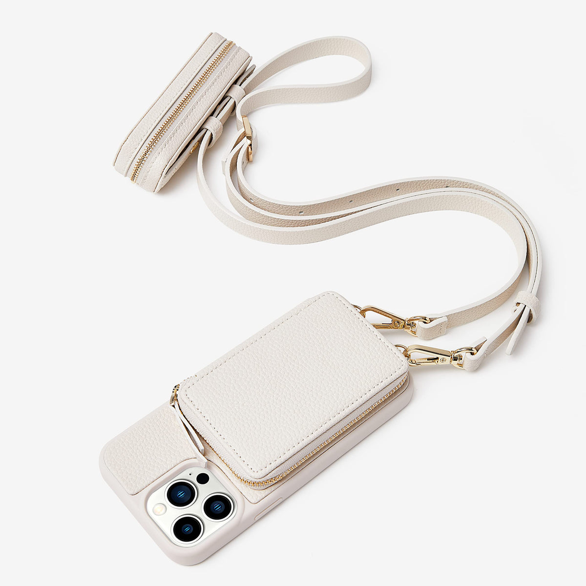ZVE for iPhone 14 Pro Max Wallet Case Crossbody, Card Holder Phone Case with Small Lipstick Keys Pouch Wrist Strap for Women, Leather RFID Blocking Purse for iPhone 14 Pro Max (6.7 inch)- Beige