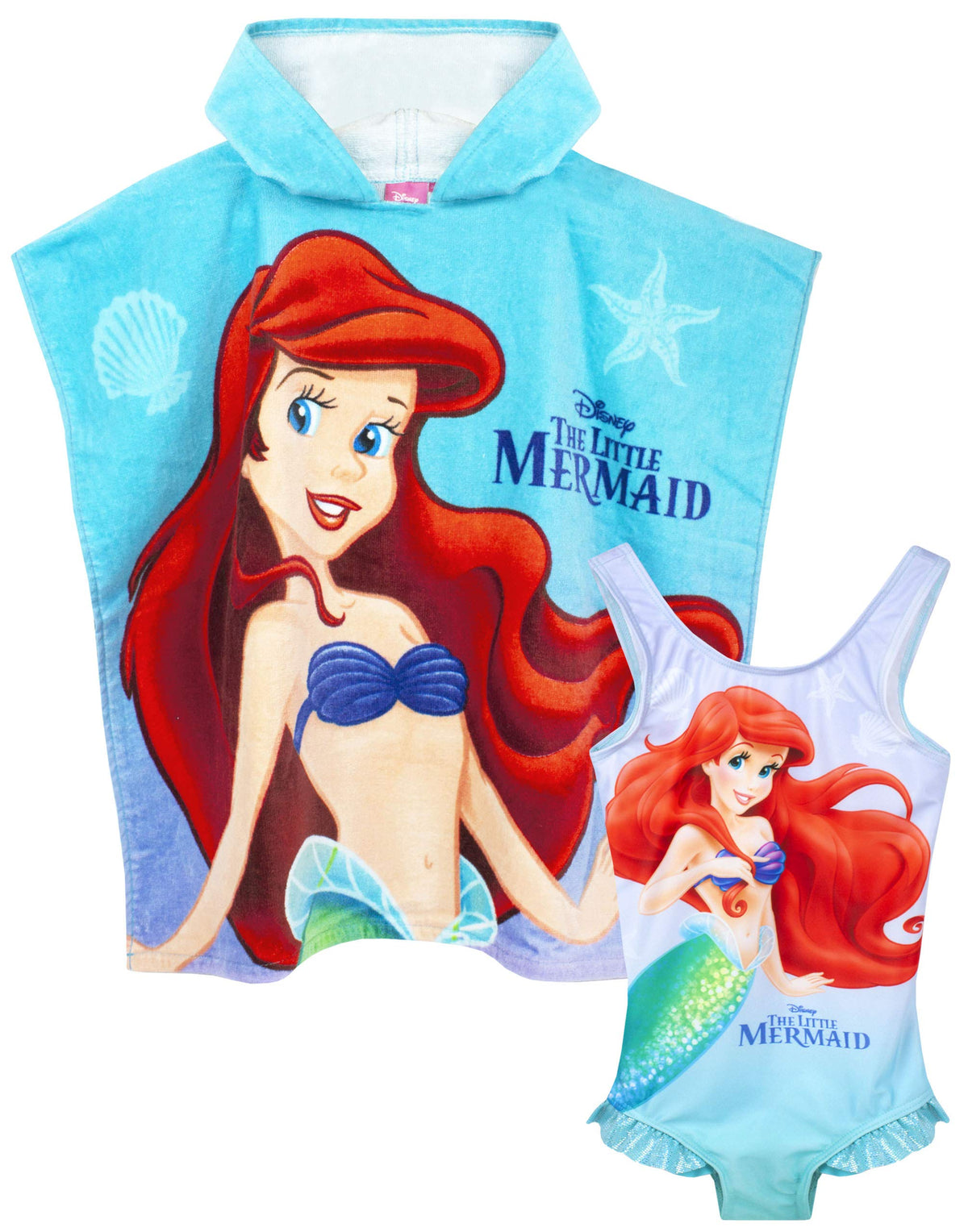 Disney The Little Mermaid Girl's Swimsuit & Hooded Towel Poncho Set 5-6 Years Blue