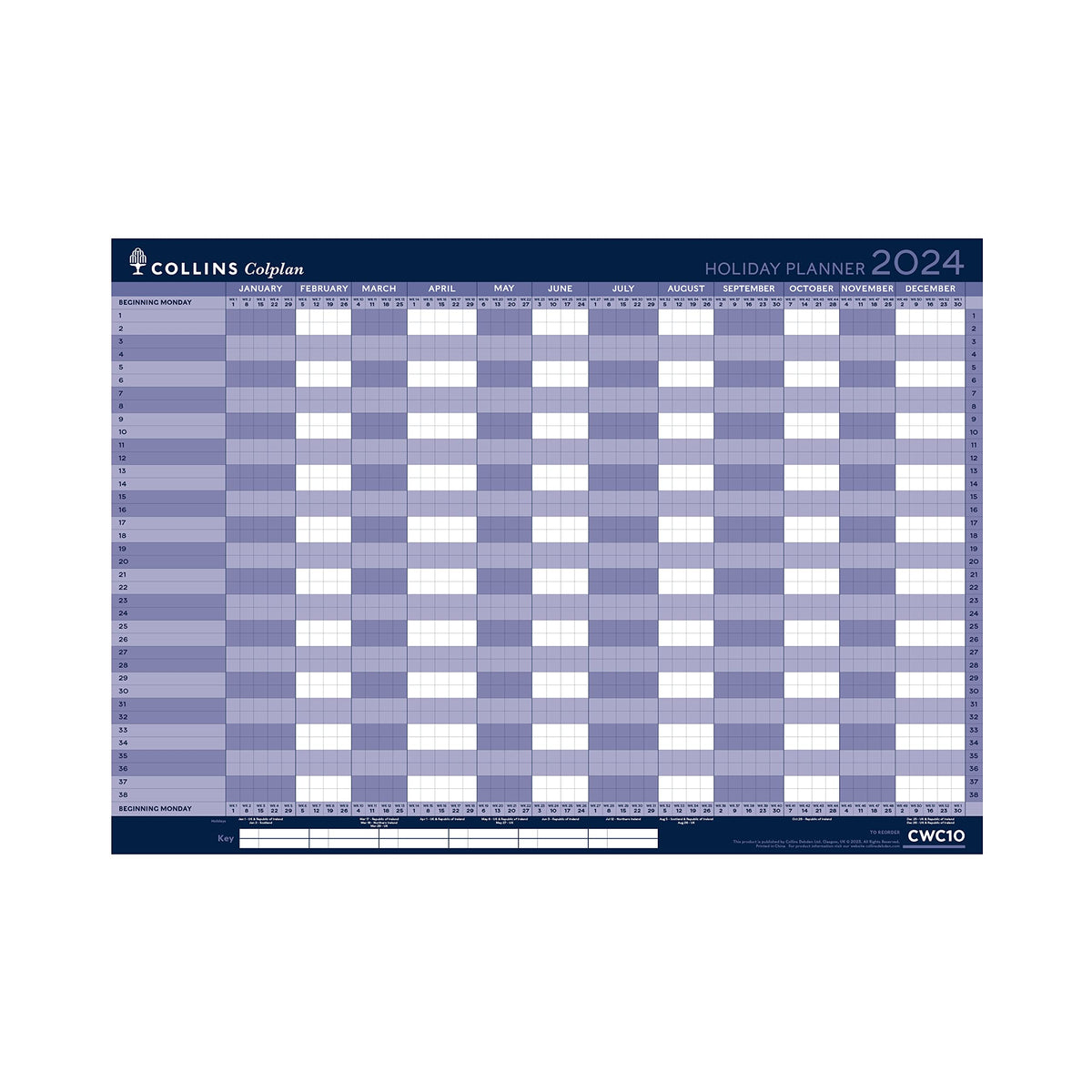 Collins Debden Colplan 2024 Diary A1 Yearly Holiday Calendar Wall Planner - Business Planner and Organiser - January to December 2024 Diary - Whole Year - CWC10-24, Blue