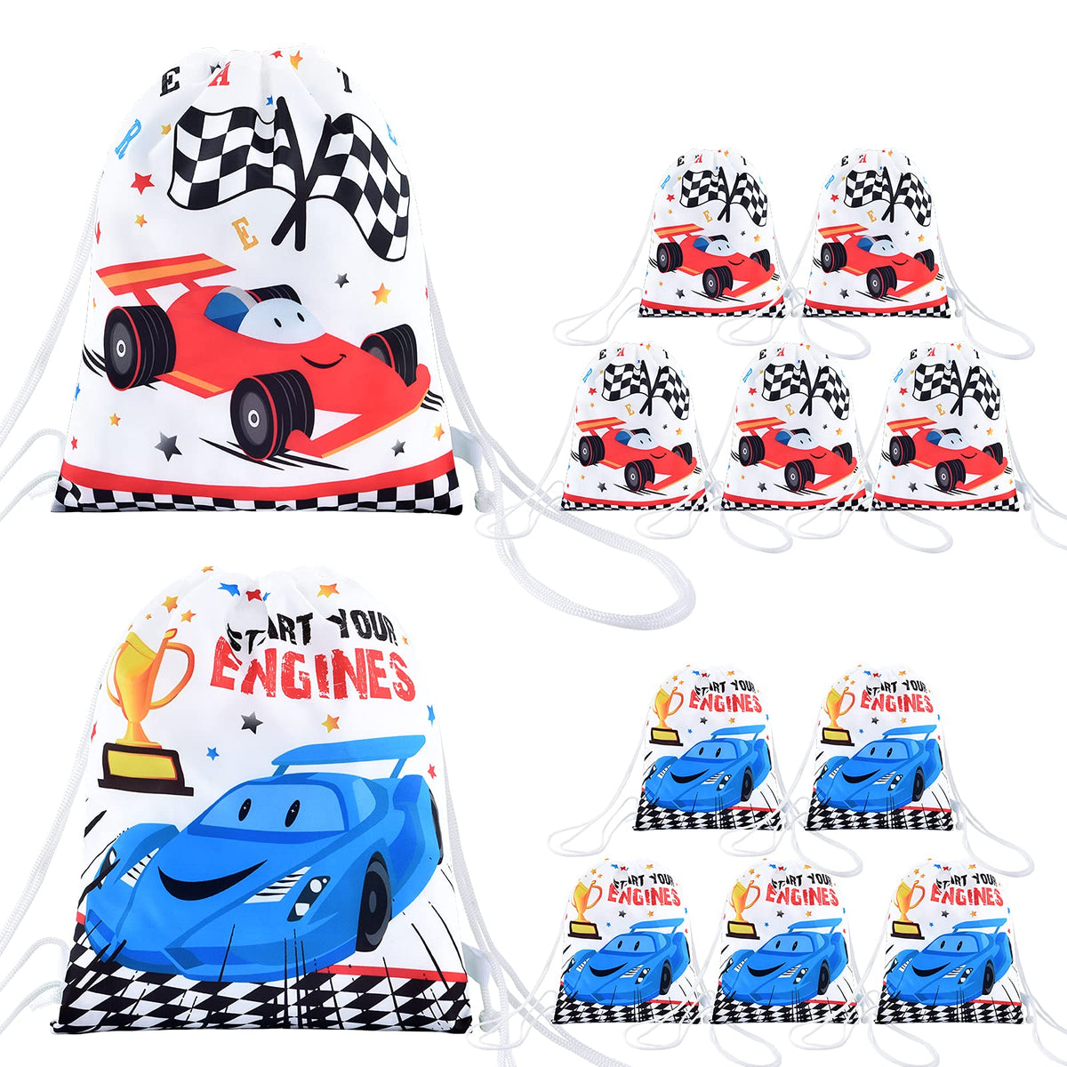 WERNNSAI Race Car Party Gifts Bags - 12 Pack Racing Car Drawstring Bags Red Racing Car Bithday Party Supplies for Boys Kids Birthday Party Favor Bags Goodie Bags 10'' x 12''