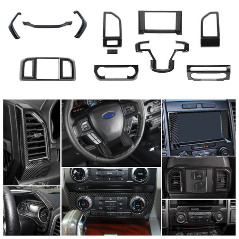 JeCar 11PCS Interior Decoration Trim Kit for Ford F150 2015-2020 Steering Wheel & Center Console Trim Dashboard & Rear Air Conditioner Vent Cover (Carbon Fiber Grain)