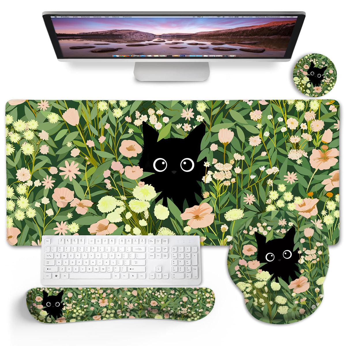 Blusabaca Black Cat Mouse Pad Desk Pad, Funny Cute Desk Mat Large Gaming Mouse Pad with Wrist Rest, Keyboard Pad Wrist Rest Ergonomic, Cup Coaster, Work Home Desk Accessories Office Supplies