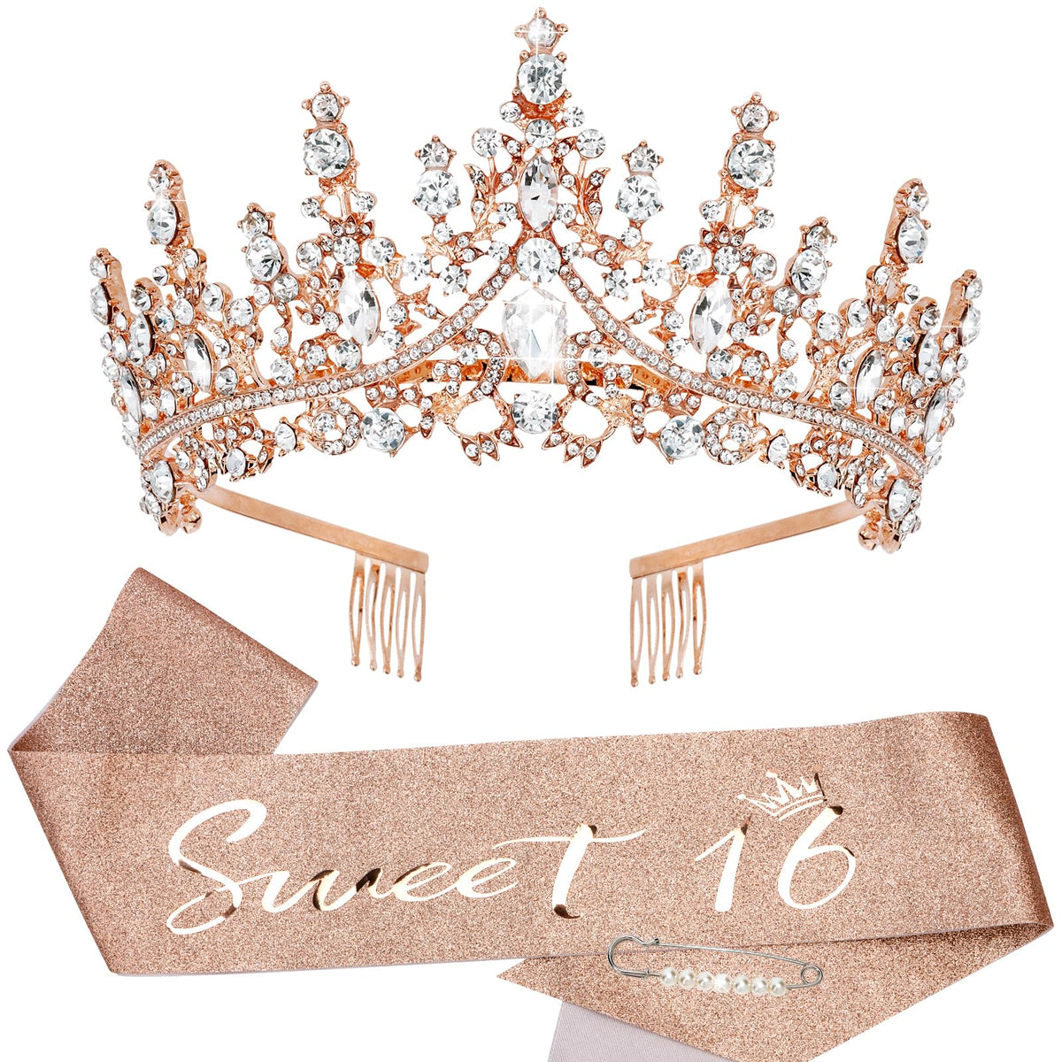 TOBATOBA Rose Gold Sweet 16 Birthday Party Supplies for Girls: Sash, Tiara, and Favors