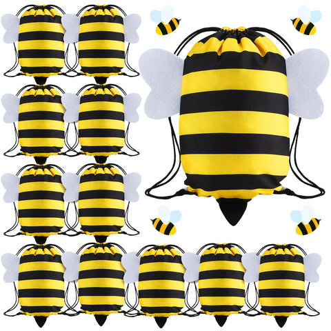 Kingdder 12 Pcs Bee Drawstring Bags Honey Bee Party Favor Bags Themed Birthday Goodie Bags Sport Sack Gym Cloth Backpack Candy Bags for Kids Boys Girls Animal Party Baby Shower Supply Decoration