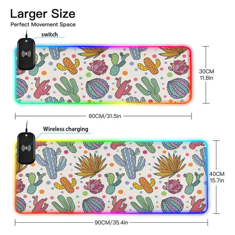 Cute Cactus Wireless Charging Mouse Pad for Mobile Phone Extra Large Gaming Mousepad with 13 Lighting Modes Extended Desk Mat for MacBook Laptop Desk Office Home Gaming