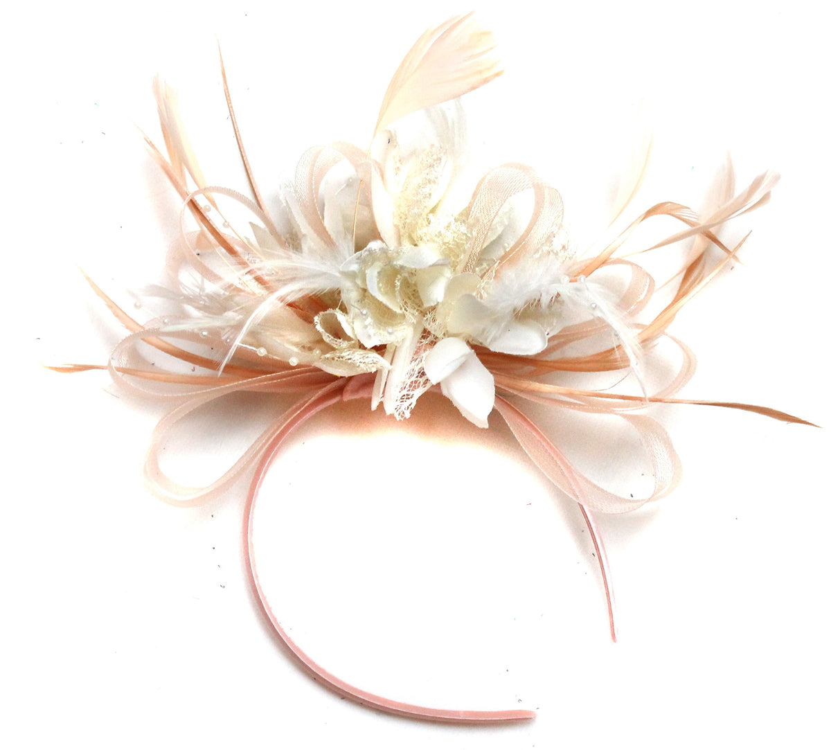 Nude Salmon and Cream Ivory Feather Hair Fascinator Headband Wedding Royal Ascot Races Ladies