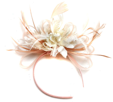 Nude Salmon and Cream Ivory Feather Hair Fascinator Headband Wedding Royal Ascot Races Ladies