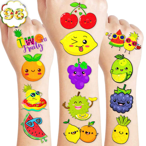100 PCS Summer Fruit Birthday Party Decorations Supplies Favors Tutti Fruitti Decor Stickers Strawberries Watermelon Pineapples Temporary Tattoos For Girls Boys Gift School Prizes Rewards