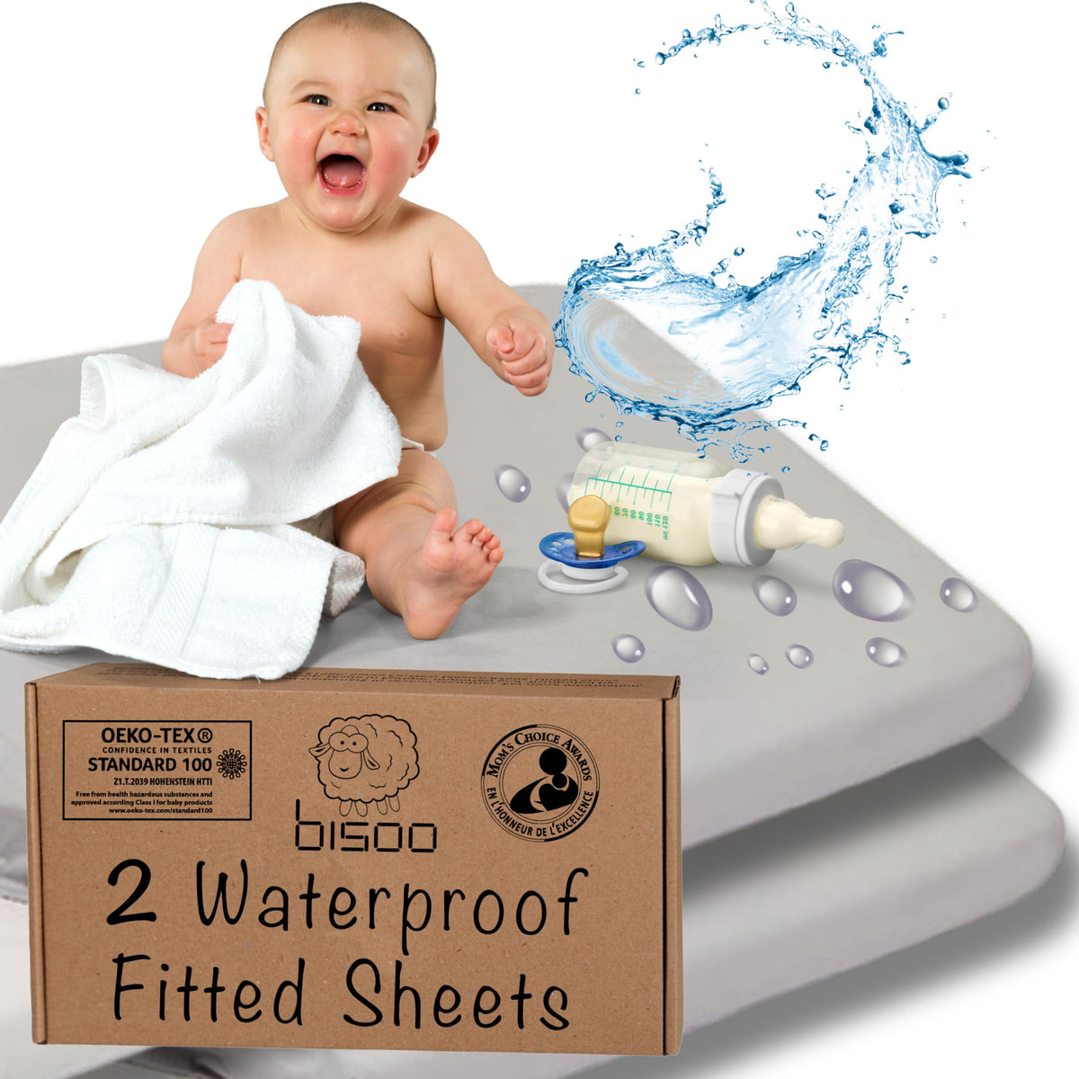 Bisoo Baby Cot Bed Waterproof Sheets Fitted 140 x 70 / 28x55 - Set of 2 Gray Fitted Sheet Mattress Protector Made of 100% Jersey Oeko-Tex + PU - Toddler Cots Beds & Cribs - Soft & Silent