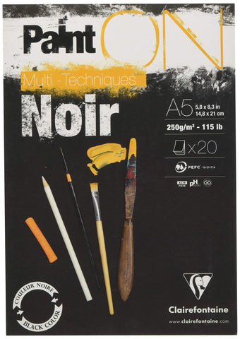 Clairefontaine - Ref 975168C - Paint'ON Multi-Technique Black Paper Pad (20 Sheets) - A5 Size, 250gsm Heavyweight Paper, Slight Rough Grain, Acid Free, pH Neutral
