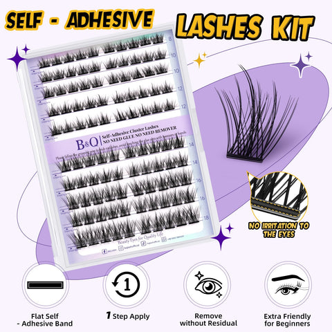 B&Q Self Adhesive Eyelashes Extensions Kit 100 PCS 8-18 Mixed Self Adhesive Lashes No Glue Eyelashes ZC03 Press On Eyelashes Clusters Kit Natural DIY Lash Extension Kit No Glue Lashes(ZC03-D-MIX)