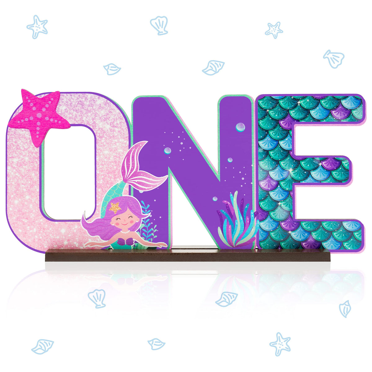 Haooryx Mermaid ONE Letter Sign Table Wooden Centerpiece for Baby Girl 1st Birthday Party Decorations, Under The Sea Little Mermaid First Birthday Theme Party Sign Baby Shower Decor Supplies