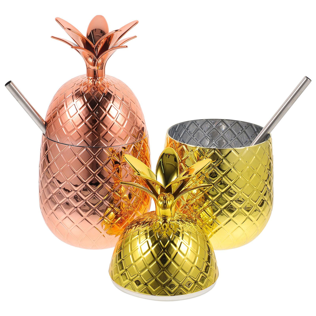 Healvian 2 Sets Pineapple Cups with Straw, Pineapple Drinking Cup Made of Stainless Steel with Lid, Cocktail Glasses, Cups for Hawaiian Luau Party, Beach Party Accessories with Tropical Fruits