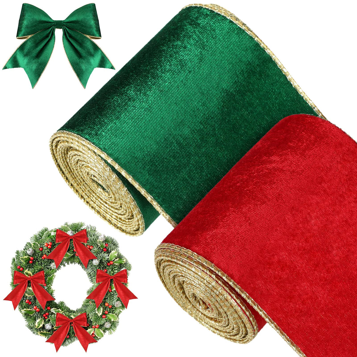 2 Rolls Christmas Velvet Ribbon Velvet Wired Edge Ribbon Trim Wrapping Ribbon Craft Fabric Ribbon for Xmas Bow Making, Floral Arrangement Decoration (Green, Red, 4 Inch x 6 Yards)