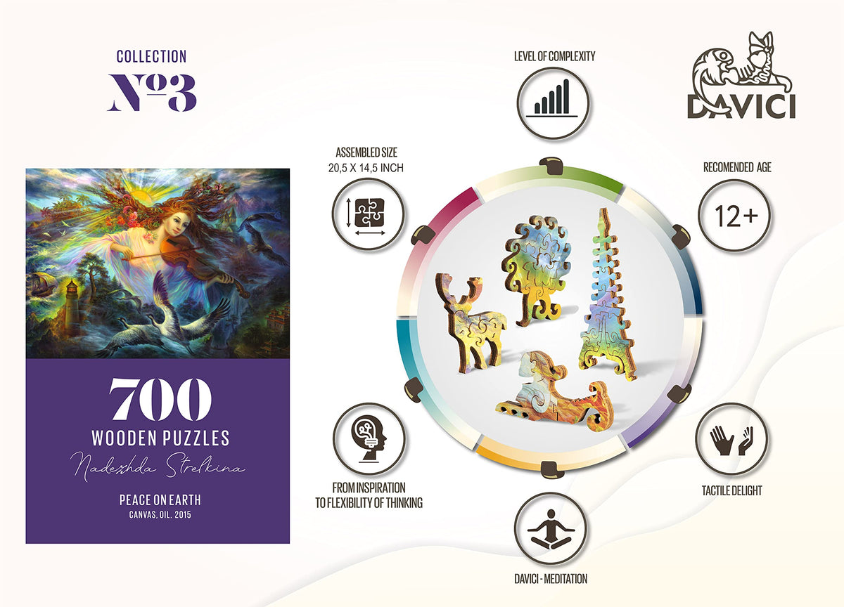 New World Famous Wooden Jigsaw Puzzles for Adults and Kids by DaVICI - Masterpiece Wooden Jigsaw Puzzle Shaped and Cut to Form Object or Character - Collection 3 - Peace on Earth