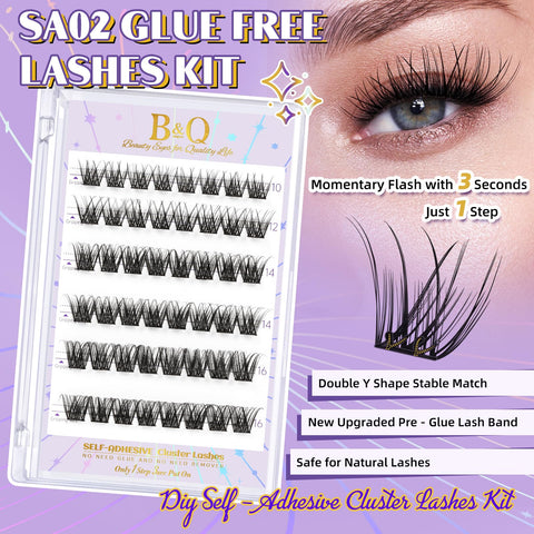 B&Q Self Adhesive Eyelashes 48PCS Reusable Adhesive Eyelashes Pre-Glued Cluster Lashes D Curl No Glue Eyelashes 10-16mm with Lash Tweezers 1 Step DIY Lash Self Stick Easy to Apply (SA02-D,10-16mm)