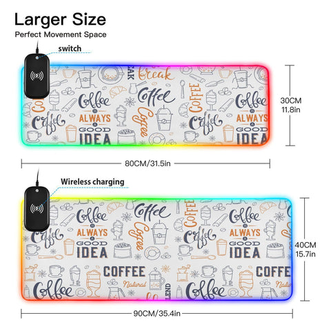 Coffee Set Lettering Wireless Charging Mouse Pad for Mobile Phone Extra Large Gaming Mousepad with 13 Lighting Modes Mouse Mat for MacBook PC Laptop Desk Office Home Gaming