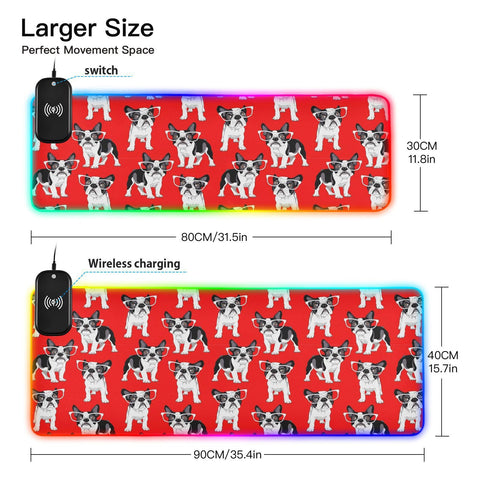 Cartoon French Bulldog-01 Wireless Charging Mouse Pad for Mobile Phone Extra Large Gaming Mousepad with 13 Lighting Modes Mouse Mat for Gaming MacBook PC Laptop Desk Home Office
