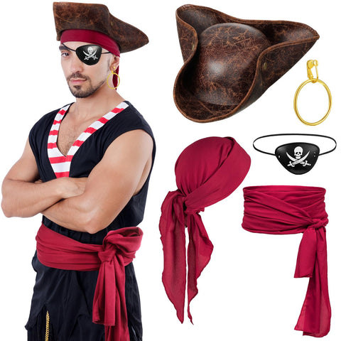 Capoda 6 Pcs Pirate Costume Accessories Set for Women Men Adult Pirate Outfit Cosplay (Burgundy)