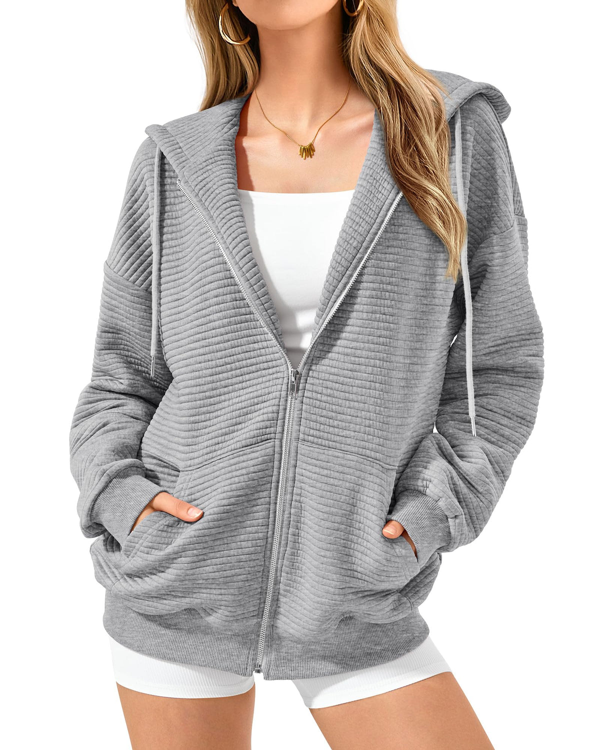 BTFBM Women Zip Up Hoodies Full Zipper Sweatshirts Long Sleeve Crop Tops Pullover Sweater Fall Outfits(Solid Grey,Medium)