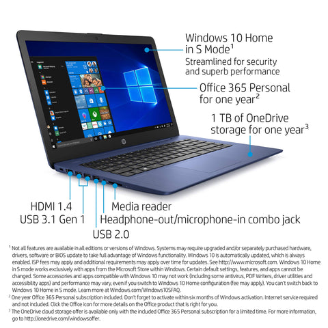 HP Stream 14-inch Laptop, Intel Celeron N4000, 4 GB RAM, 32 GB eMMC, Windows 10 Home in S Mode With Office 365 Personal For 1 Year (14-cb181nr, Royal Blue), Model Number: 9MV82UA#ABA