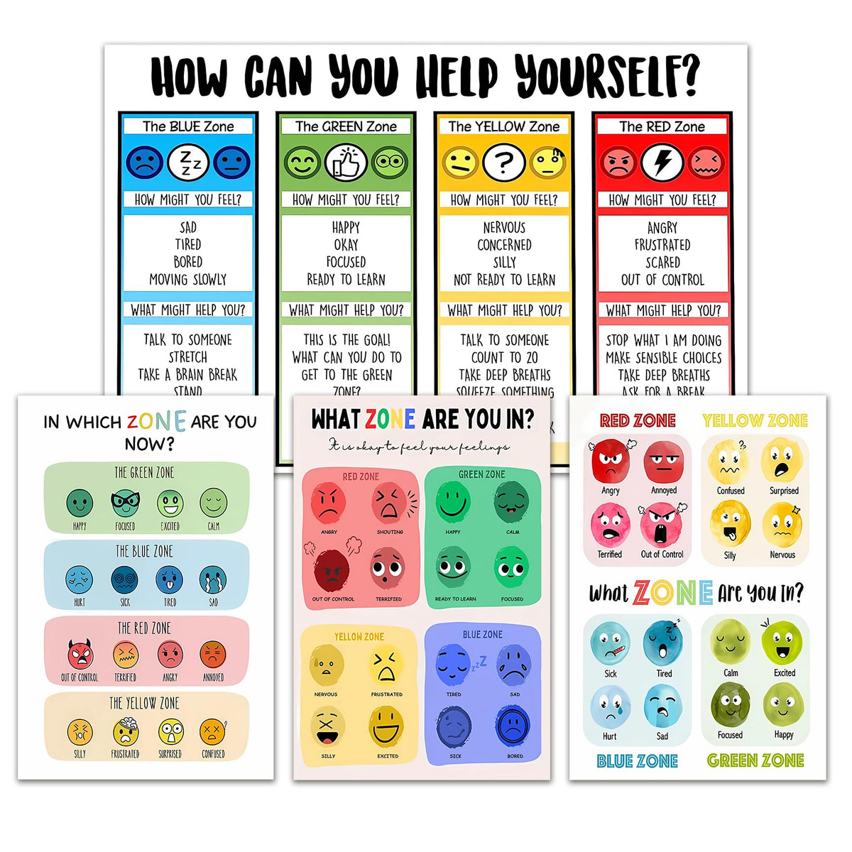DEVENALSA 4 Feelings Chart For Kids, Zones of Regulation Poster, Feelings Posters, Emotions Poster, Calm Down Corner Poster, Autism Sensory Products, Set of 4 (12" WÃƒâ€”18" L, 2)