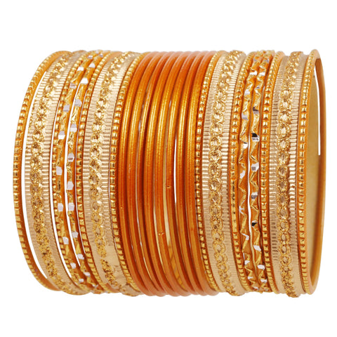 Touchstone "Colorful 2 Dozen Bangle Collection" Indian Bollywood Alloy Metal Textured Turmeric Golden Color Designer Jewelry Bangle Bracelets Set Of 24 In Antique Gold Tone For Women.