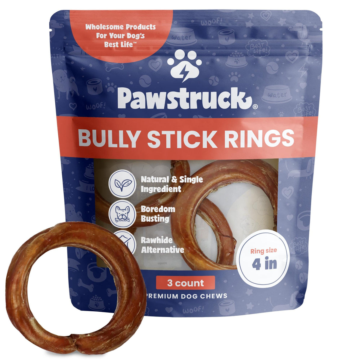 Pawstruck All-Natural 4" Bully Stick Rings for Dogs - Rawhide Free 100% Beef Single Ingredient Dental Chew Treat Bones - Fully Digestible Low Odor - 3 Pack - Packaging May Vary