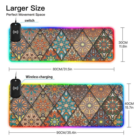 Boho Mandala Wireless Charging Mouse Pad for Mobile Phone Extra Large Gaming Mousepad with 13 Lighting Modes Computer Mat for Gaming MacBook PC Laptop Desk Home Office