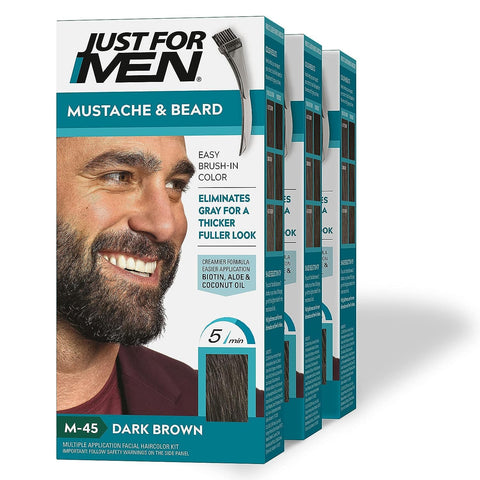 Just For Men Mustache & Beard, Beard Dye for Men with Brush Included for Easy Application, With Biotin Aloe and Coconut Oil for Healthy Facial Hair - Rich Dark Brown, M-47, Pack of 3