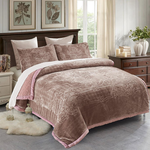 JML Heavy Sherpa Blanket 3 Piece - 3 Ply Korean Style Thick Bed Blanket with 2 Pillow Shams for Winter, Super Warm Blanket for Bed, Solid Woodrose, 79"x91"