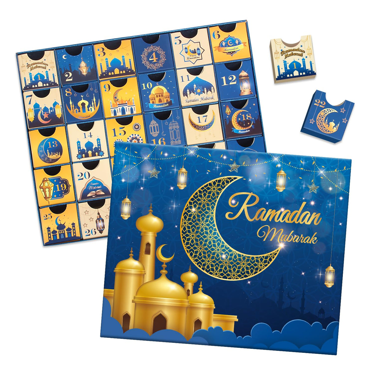 Ramadan Advent Calendar with Drawers, 30 Empty Boxes for 30 days, Eid Mubarak Countdown Calendar Fillable Gift Box, Islamic Art, Cardboard Number Storage Box, Ramadan Party Supplies - Blue