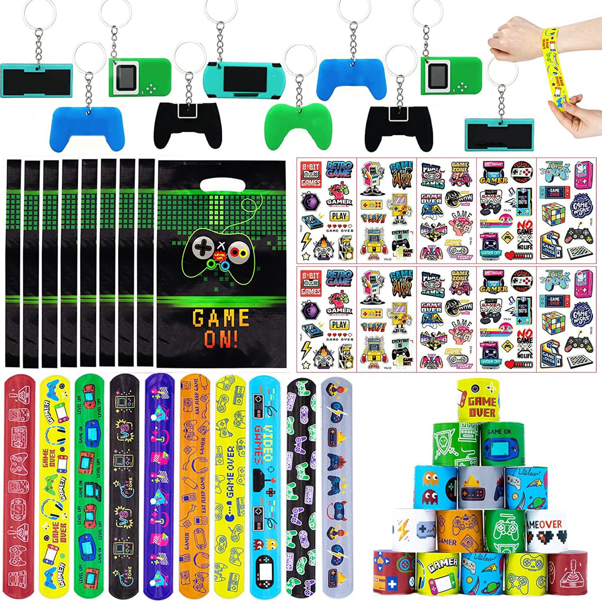 Video Game Party Bag Fillers for Kids Boys Girls, 40Pcs Game Theme Assorted Toys Pinata Filler with Slap Bands Stickers Keychains Gift Bags Lucky Dip Prize Party Favours for Birthday Gift Halloween