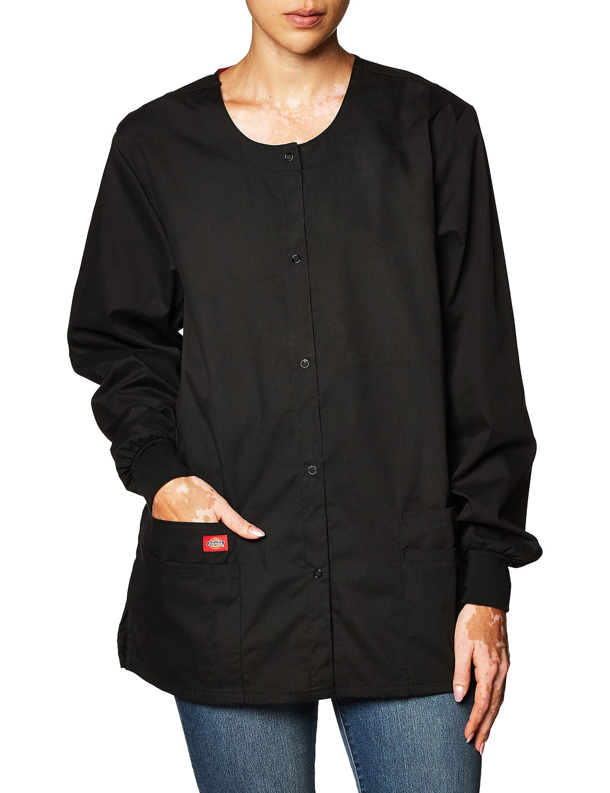 Dickies Women's EDS Signature Scrubs Missy Fit Snap Front Warm-Up Jacket, Black, Medium