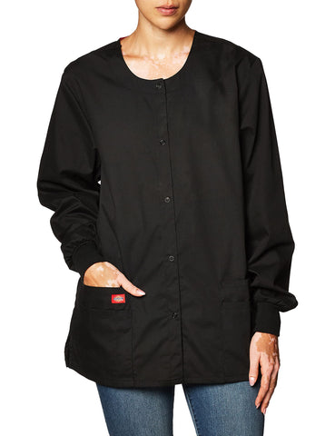 Dickies Women's EDS Signature Scrubs Missy Fit Snap Front Warm-Up Jacket, Black, Medium