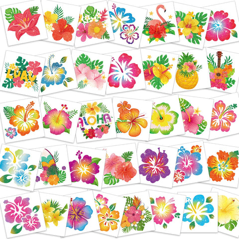 HOWAF 72PCS Hibiscus Glitter Tattoos Hawaii Flower Temporary Tattoos for Aloha Party Decoration, Summer Flower Face Tattoos, Hibiscus Flowers Fake Tattoos Stickers for Kids Women Hawaiian Party Favors