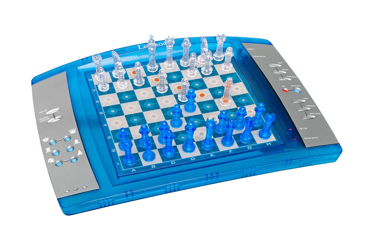 Lexibook ChessLightÂ®, Electronic chess game with touch-sensitive keyboard and light and sound effects, 32 pieces, 64 levels of difficulty, Battery or Plug, Blue/Grey, LCG3000