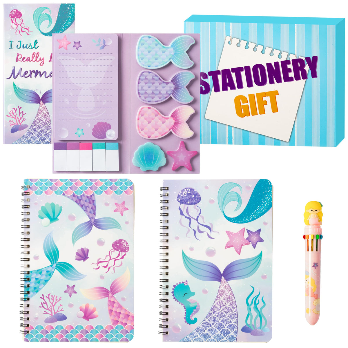 B1ykin 3Pcs Mermaid Notebook Sticky Notes Stationery Gift Set, A5 Spiral Notebooks & 550 Sheets Sticky Notes with Multicolor Mermaid Ballpoint Pen Kit for Office School Kids Students Birthday Supplies
