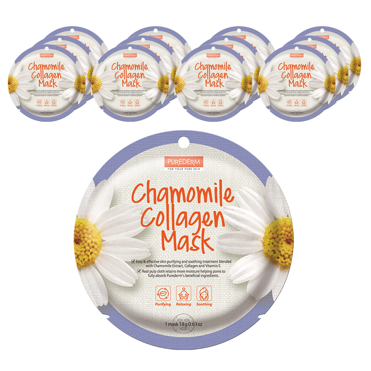 Purederm Chamomile Collagen Mask (12 Pack) - Chamomile extracts, Collagen, and Vitamin E to Help Purify and Soothe the SkinÃ¢â‚¬Â¦