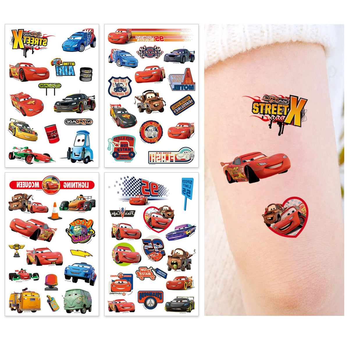 Car Temporary Tattoos Removable Fake Tattoos Lightning Race Cars Toys Birthday Party Favor Supplies Stickers for Kids Adult 4 Piece Set