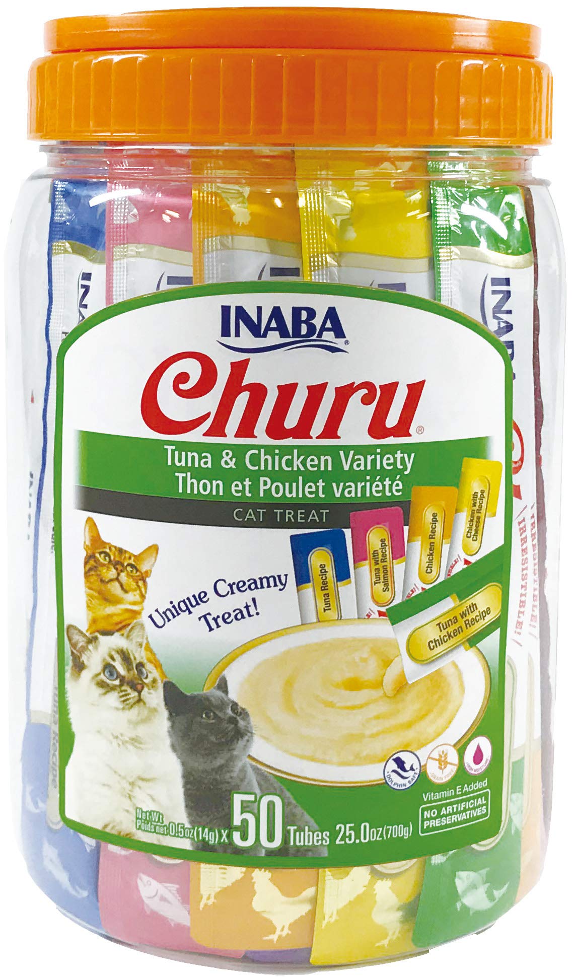 INABA Churu Cat Treats, Grain-Free, Lickable, Squeezable Creamy PurÃƒÆ’Ã†â€™Ãƒâ€ Ã¢â‚¬â„¢ÃƒÆ’Ã¢â‚¬Å¡Ãƒâ€šÃ‚Â©e Cat Treat/Topper with Vitamin E & Taurine, 0.5 Ounces Each Tube, 50 Tubes, Tuna & Chicken Variety