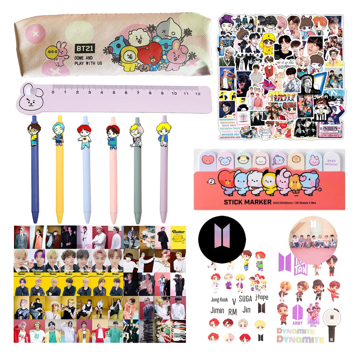 GUNBAK BTS Fan Item BTS Merch Gifts Including Pencil Case Pen Ruler Stickers Sticky Note Button Pin Photocards Tattoo Stickers Kpop Merch, black, L, BTS fan item