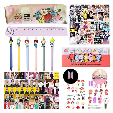 GUNBAK BTS Fan Item BTS Merch Gifts Including Pencil Case Pen Ruler Stickers Sticky Note Button Pin Photocards Tattoo Stickers Kpop Merch, black, L, BTS fan item