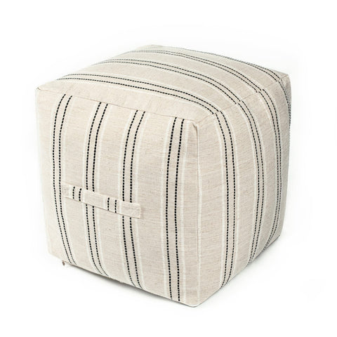 AELS Unstuffed Farmhouse Pouf Cover for Living Room, Boho Storage Bean Bag Cubes, Beige with Black Stitch Yarn Dyed Stripe Linen Square Ottoman Pouf Foot Rest Footstool, 18"x18"x18", Cover ONLY