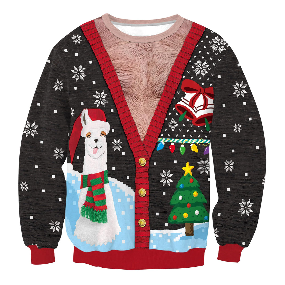 Colorful House Ugly Christmas Sweater for Men Women 3D Printed Funny Pullover Crewneck Top Couple Sweatshirt Xmas Party, Black Scarf Alpaca, XL