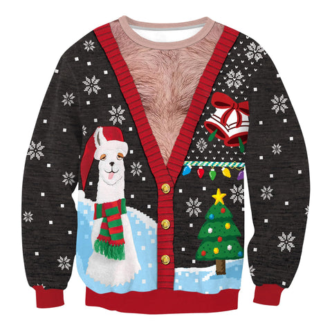 Colorful House Ugly Christmas Sweater for Men Women 3D Printed Funny Pullover Crewneck Top Couple Sweatshirt Xmas Party, Black Scarf Alpaca, XL