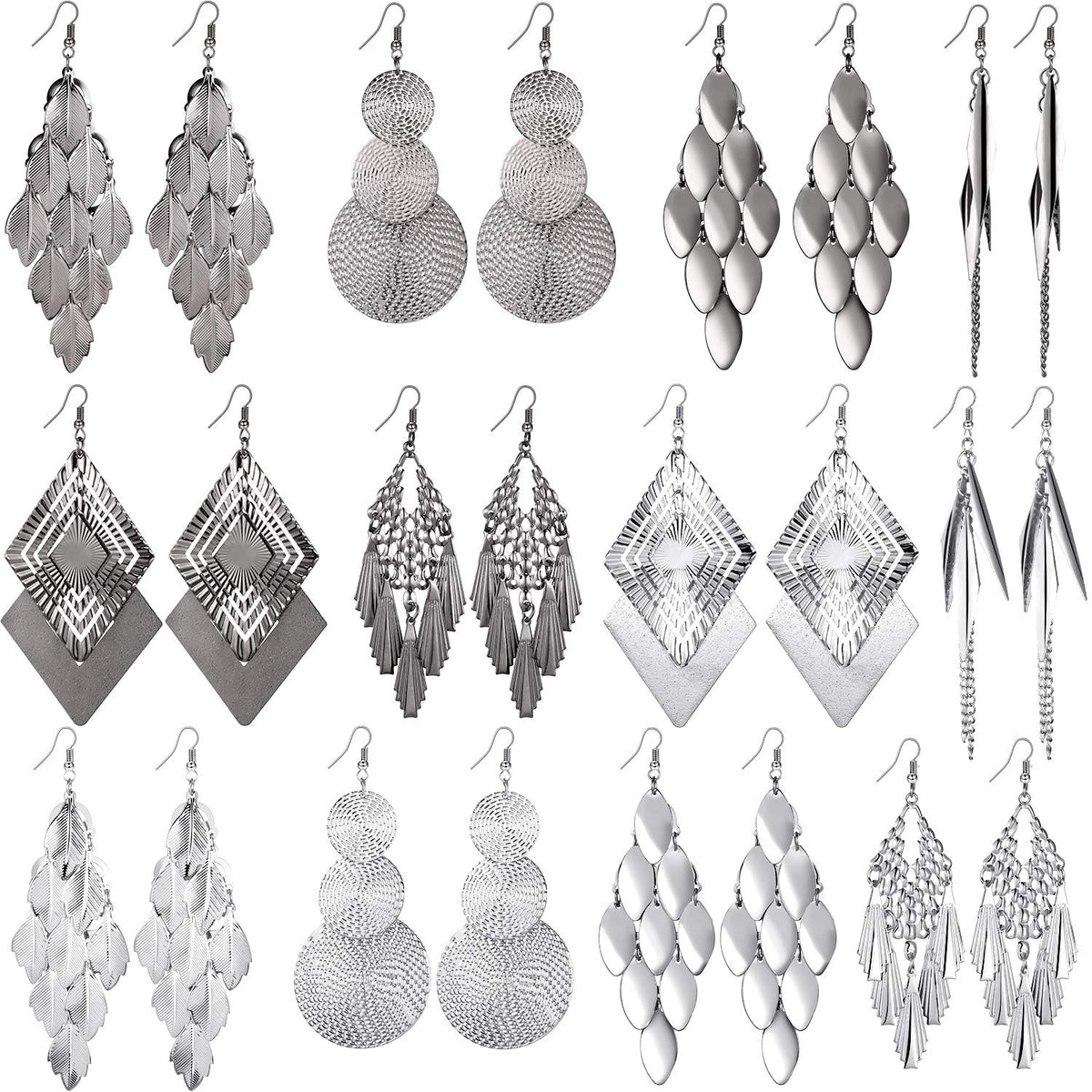 12 Pairs Drop Dangle Earrings Bohemian Long Fringed Metal Earrings Set Vintage Statement Earring for Women Mother's Day Gifts (Black, Silver)