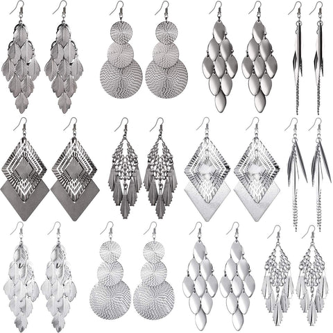 12 Pairs Drop Dangle Earrings Bohemian Long Fringed Metal Earrings Set Vintage Statement Earring for Women Mother's Day Gifts (Black, Silver)