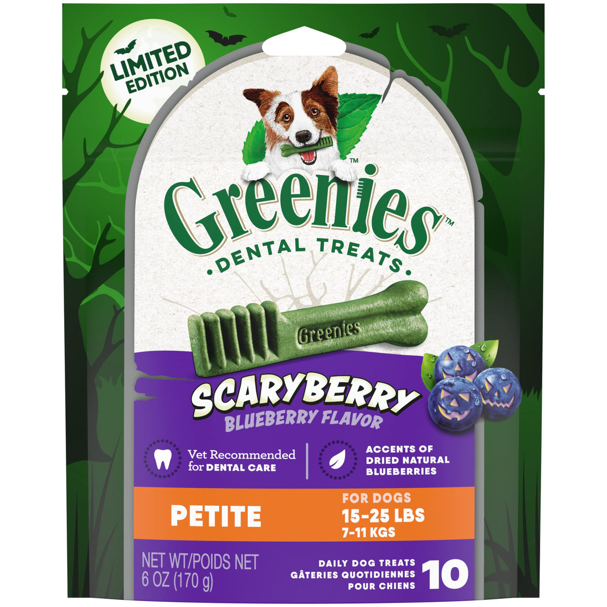 Greenies Petite Halloween Natural Dental Dog Chew Treats, ScaryBerry Blueberry Flavor, 6 oz. Pack (10-Count)