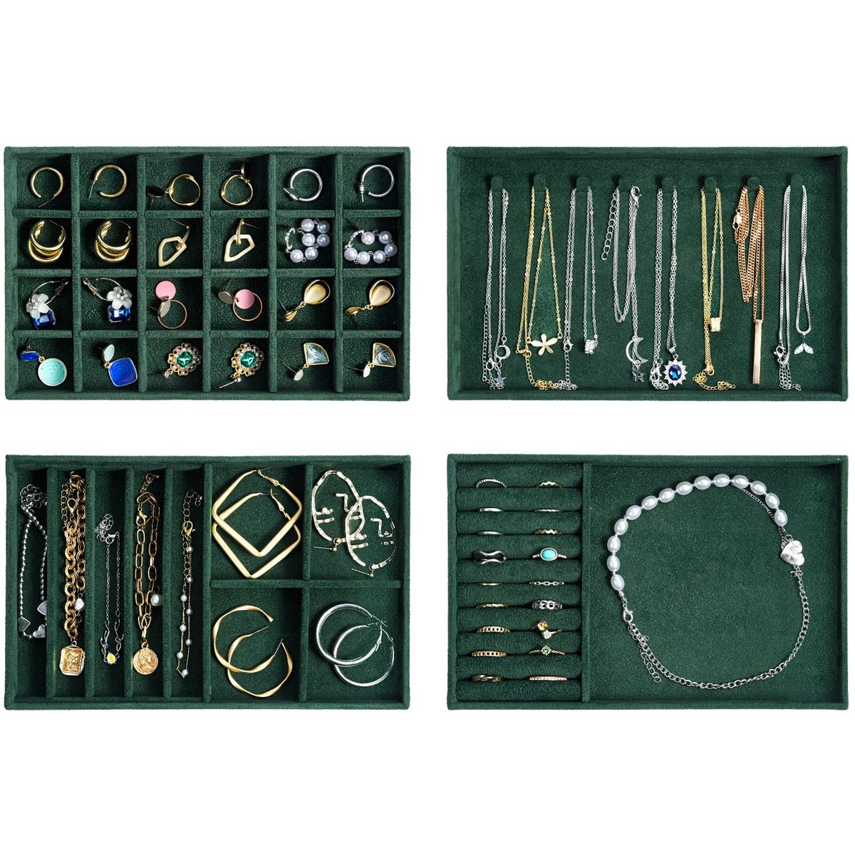ProCase Jewellery Tray Organiser, Jewellery Drawer Organiser Velvet Stackable Jewellery Storage Tray for Drawer Jewellery Display for Earring Necklace Ring Bracelet -4 Layers, Green